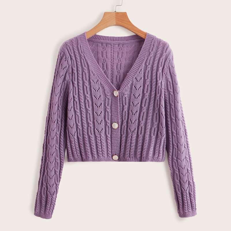 

Solid Cable Knit Button Front Crop Cardigan, Purple