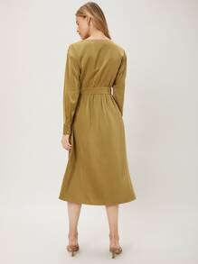 MOTF PREMIUM SURPLICE NECK SLIT DRESS - Khaki - View 2
