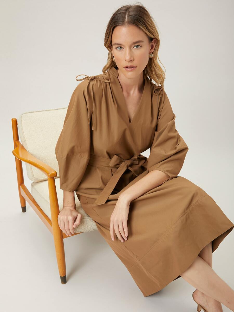 MOTF PREMIUM Đầm Thắt lưng Thắt nút Xù màu trơn Giải trí - Lạc đà - Xem 1