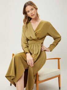 MOTF PREMIUM SURPLICE NECK SLIT DRESS - Khaki - View 5