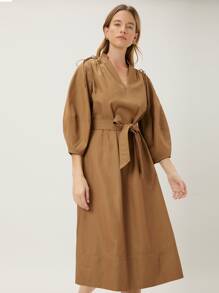 MOTF PREMIUM Đầm Thắt lưng Thắt nút Xù màu trơn Giải trí - Lạc đà - Xem 3