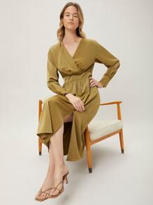 MOTF PREMIUM SURPLICE NECK SLIT DRESS - Khaki - View 6