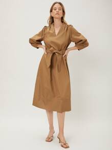 MOTF PREMIUM Đầm Thắt lưng Thắt nút Xù màu trơn Giải trí - Lạc đà - Xem 4