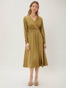 MOTF PREMIUM SURPLICE NECK SLIT DRESS - Khaki - View 7