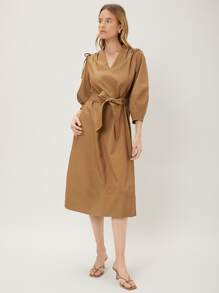 MOTF PREMIUM Đầm Thắt lưng Thắt nút Xù màu trơn Giải trí - Lạc đà - Xem 5