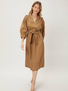 MOTF PREMIUM Đầm Thắt lưng Thắt nút Xù màu trơn Giải trí - Lạc đà - Xem 6