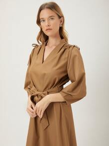 MOTF PREMIUM Đầm Thắt lưng Thắt nút Xù màu trơn Giải trí - Lạc đà - Xem 7