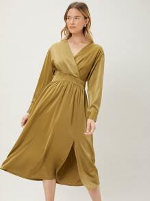 MOTF PREMIUM SURPLICE NECK SLIT DRESS - Khaki - View 8