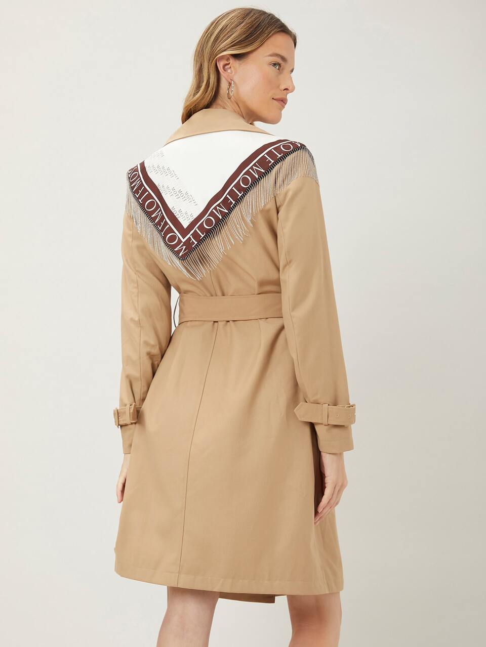 MOTF VISCOSE FRINGE TRIM BELTED TRENCH COAT