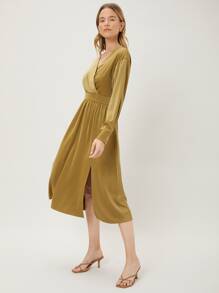 MOTF PREMIUM SURPLICE NECK SLIT DRESS - Khaki - View 9