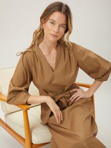 MOTF PREMIUM Đầm Thắt lưng Thắt nút Xù màu trơn Giải trí - Lạc đà - Xem 10