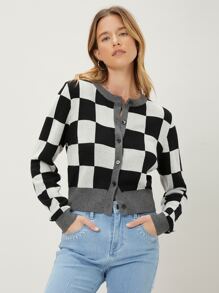 MOTF PREMIUM Nữ Cardigans Nút phía trước Sọc ca rô Giải trí - Đen và trắng - Xem 3