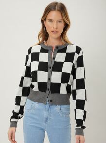 MOTF PREMIUM Nữ Cardigans Nút phía trước Sọc ca rô Giải trí - Đen và trắng - Xem 4