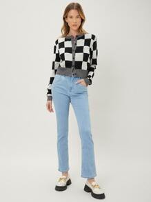 MOTF PREMIUM Nữ Cardigans Nút phía trước Sọc ca rô Giải trí - Đen và trắng - Xem 5