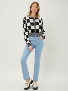 MOTF PREMIUM Nữ Cardigans Nút phía trước Sọc ca rô Giải trí - Đen và trắng - Xem 6