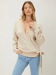 MOTF PREMIUM 羊毛混紡圍裹開襟衫 - 卡其色 - 查看 5