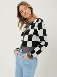 MOTF PREMIUM Nữ Cardigans Nút phía trước Sọc ca rô Giải trí - Đen và trắng - Xem 7