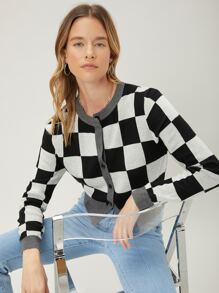 MOTF PREMIUM Nữ Cardigans Nút phía trước Sọc ca rô Giải trí - Đen và trắng - Xem 10