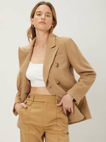 MOTF PREMIUM 羊毛混紡雙排釦花呢外套 - 卡其色 - 查看 1