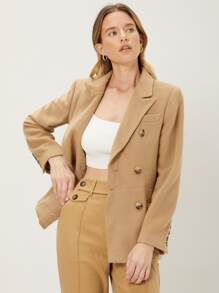 MOTF PREMIUM 羊毛混紡雙排釦花呢外套 - 卡其色 - 查看 3