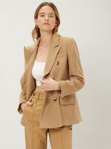 MOTF PREMIUM 羊毛混紡雙排釦花呢外套 - 卡其色 - 查看 5