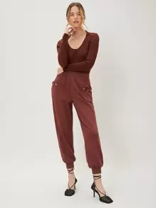 SHEIN Unity Solid Tapered Sweatpants - Rust Brown - View 1