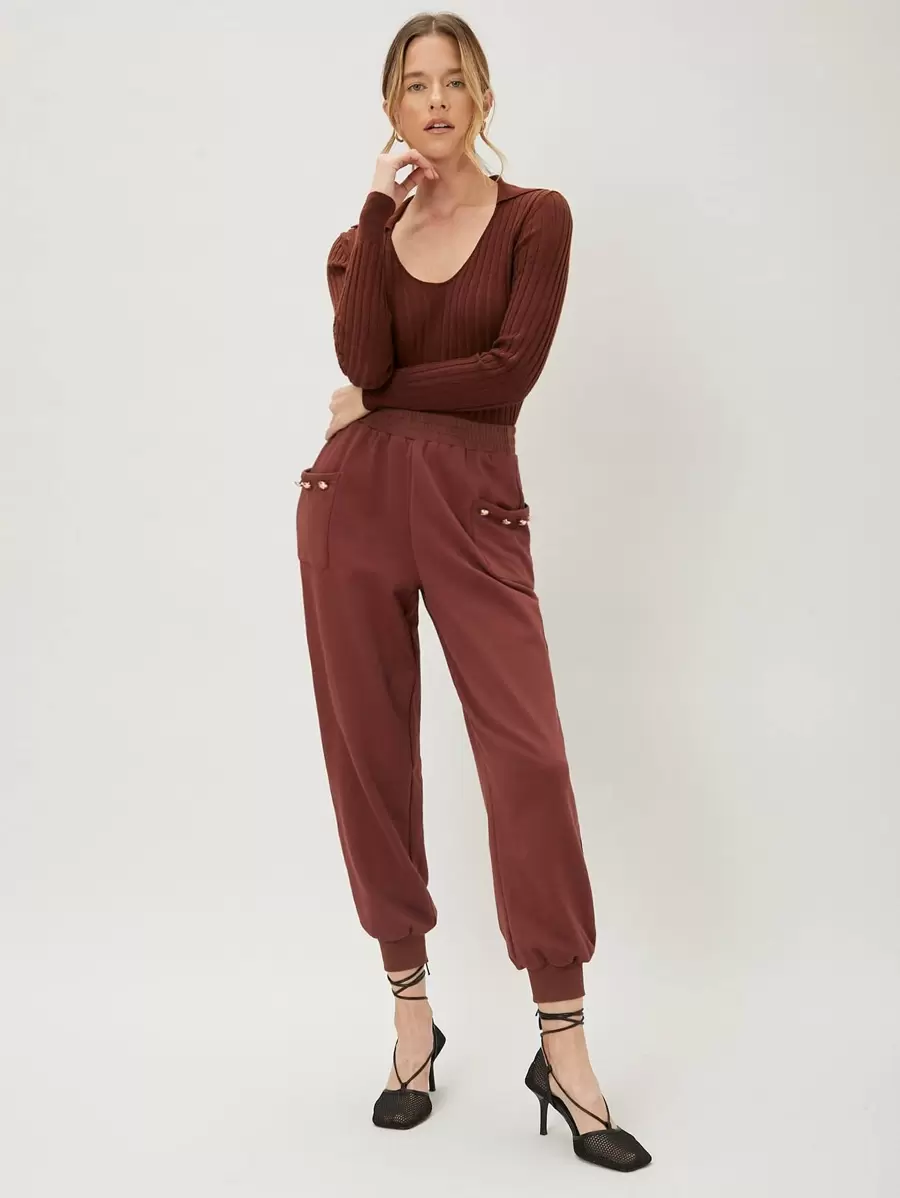 SHEIN Unity Solid Tapered Sweatpants - Rust Brown - View 1