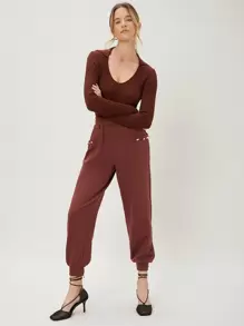 SHEIN Unity Solid Tapered Sweatpants - Rust Brown - View 3