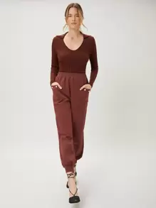 SHEIN Unity Solid Tapered Sweatpants - Rust Brown - View 4
