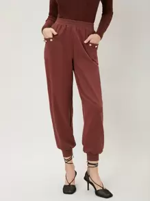 SHEIN Unity Solid Tapered Sweatpants - Rust Brown - View 5