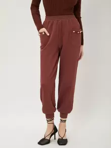 SHEIN Unity Solid Tapered Sweatpants - Rust Brown - View 6