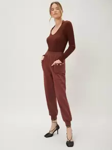 SHEIN Unity Solid Tapered Sweatpants - Rust Brown - View 9