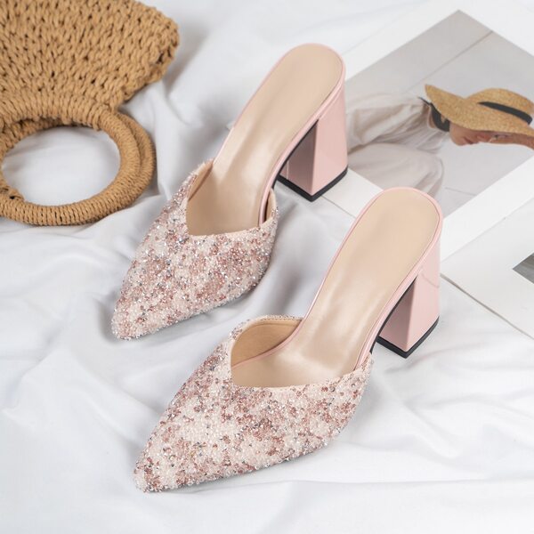

Rhinestone Decor Chunky Heeled Mules, Pink