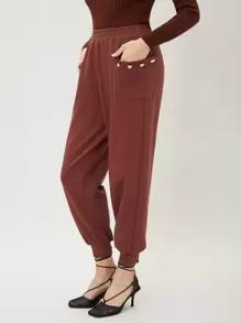 SHEIN Unity Solid Tapered Sweatpants - Rust Brown - View 10