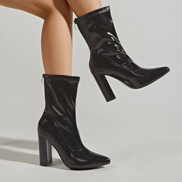 

Minimalist Back Zipper Chunky Heeled Boots, Black
