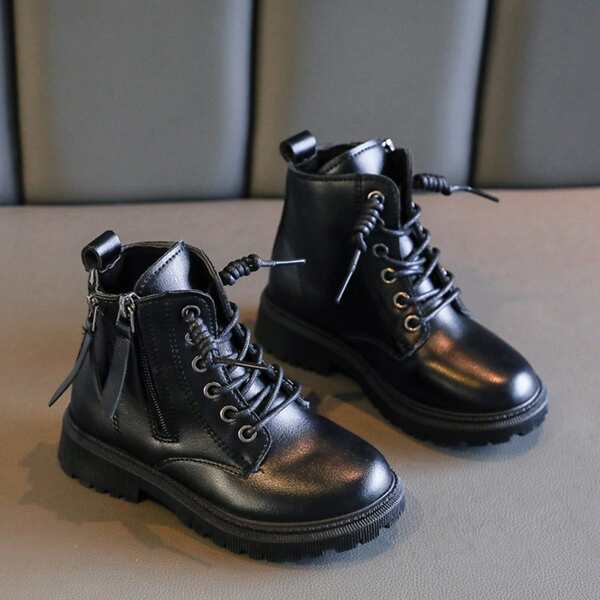 

Girls Solid Zipper Decor Combat Boots, Black