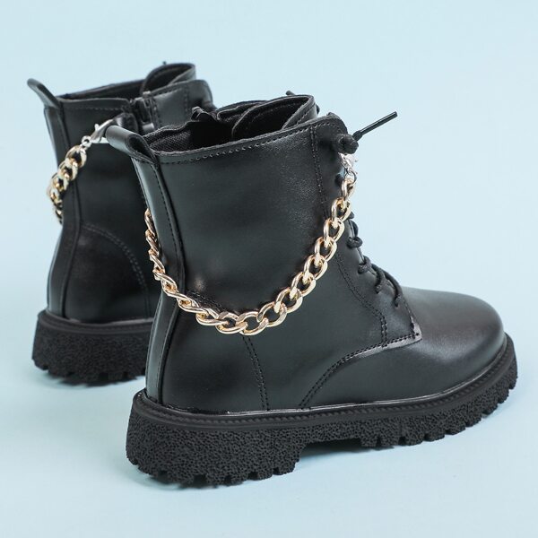 

Girls Solid Chain Decor Side Zipper Combat Boots, Black