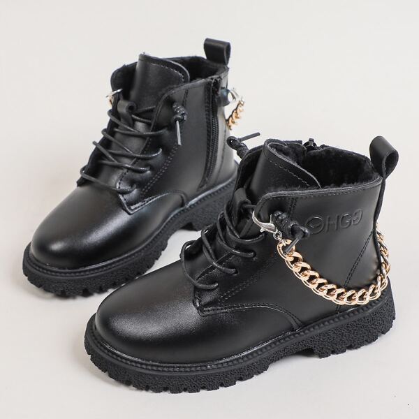 

Girls Solid Chain Decor Side Zipper Combat Boots, Black