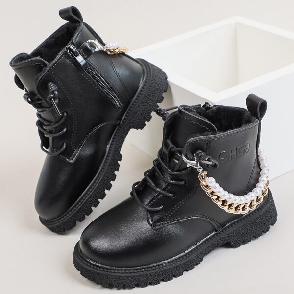 

Girls Solid Chain Decor Side Zipper Combat Boots, Black