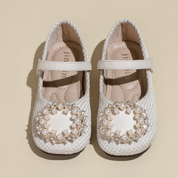 

Girls Rhinestone & Faux Pearl Decor Mary Janes, Apricot