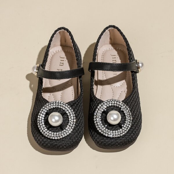 

Girls Rhinestone & Faux Pearl Decor Mary Janes, Black