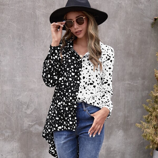 

Allover Print Colorblock Spliced Blouse, Black and white