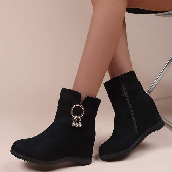 

Rhinestone Decor Side Zipper Hidden Wedge Boots, Black