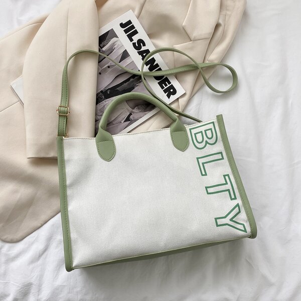 

Contrast Binding Letter Graphic Tote Bag, Beige