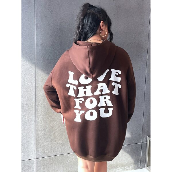 

Plus Slogan Graphic Drop Shoulder Drawstring Hoodie Dress Without Belt, Coffee brown