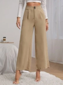 SHEIN Privé Fold Pleated Wide Leg Trousers - Khaki - View 1
