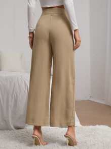 SHEIN Privé Fold Pleated Wide Leg Trousers - Khaki - View 2