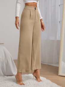 SHEIN Privé Fold Pleated Wide Leg Trousers - Khaki - View 3