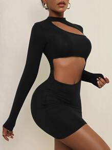 Slaydiva Solid Cut Out Bodycon Dress - Black - View 3