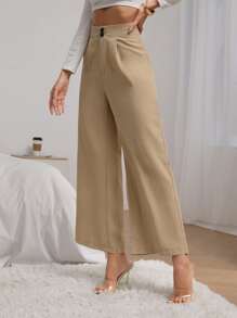 SHEIN Privé Fold Pleated Wide Leg Trousers - Khaki - View 5